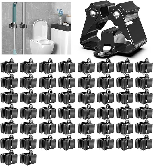 3-H Stainless Steel Broom Holder Wall Mount 50-Pack, Heavy Duty Mop and Broom Organizer with Screws, Tool Storage Rack for Kitchen, Laundry, Bathroom, Garage, Garden Shed,Black