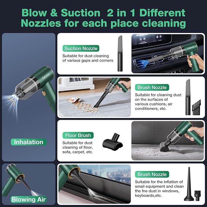 Car Vacuum Portable 4 in 1 Vacuum Cleaner 12000Pa Mini Handheld Vacuum Cordless Rechargeable 120W High Power Vacuum Cleaner & Air Duster Multi-Nozzles for Car Home Office Pet(Green)
