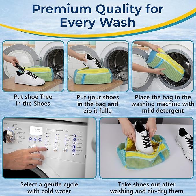Shoe Washing Machine Bag with Shoe Trees and Deodorizer Bags, 2 Pcs Reusable Sneaker Laundry Bag for Washer and Dryer, 360 Deep Cleaning Shoe Washing Bag with Zipper, All Shoe Types & Sizes, Yellow
