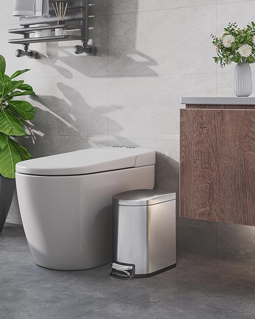 GarveeHome 1.6 Gal Step-On Trash Can, Stainless Steel Small Bathroom Garbage Bin with Soft Close Lid, Slim Space-Saving Design, Removable Inner Bucket for Bathroom, Bedroom, Office, Silver