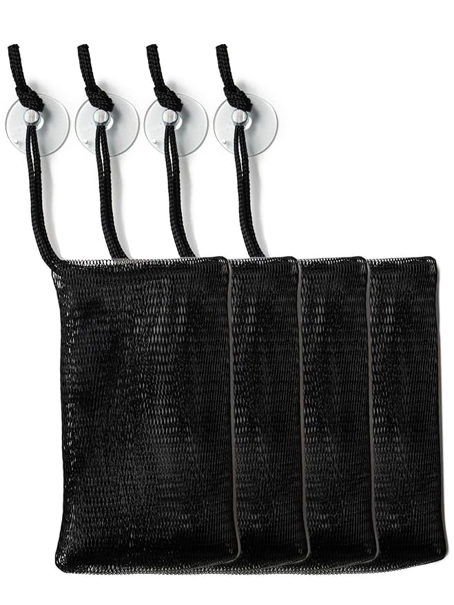 Pack of 4 Bamboo Charcoal Soap Saver Bags - Exfoliating Net Mesh Bag with Drawstring for Bar Soap