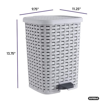 Superio Small Outdoor Trash Can with Lid for Dog Poop 3 Gallon/12 L Mini Plastic Garbage Can with Foot Pedal for Bathroom, Bedroom, Office, Patio, Wicker Smoke