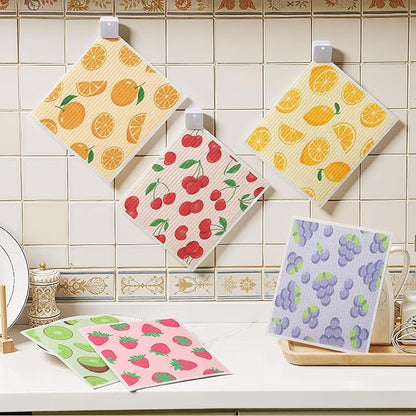 Homaxy Swedish Dishcloths for Kitchen, 8 Pack Fruit Reusable Paper Towels with Clips, Absorbent Cellulose Sponge Dish Cloths for Washing Dishes, Non-Scratch & Odor-Free Dish Rags