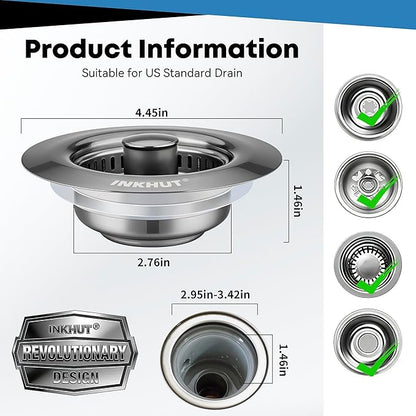 Upgraded 3 in 1 Kitchen Sink Drain Strainer - Stainless Steel Sink Stopper, Anti-Clogging Food Catcher Basket, Sink Bounce Core Drain Strainer Plug for US Standard 3 1/2 inch Drain (Dark Grey)