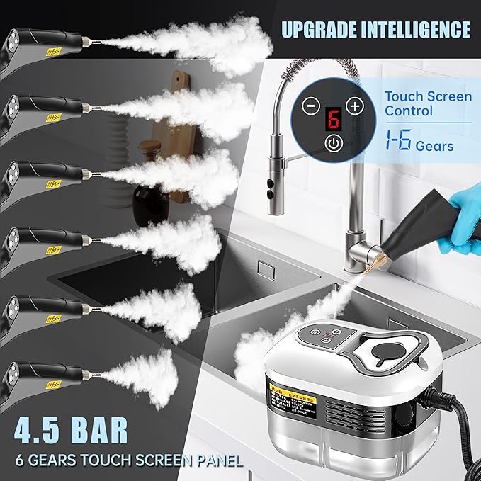 Powerful 2500W Handheld Steam Cleaner,15s Fast Heat-Up & High-Pressure Steam, 6-Level Adjustable Settings for Deep Cleaning on Floors, Kitchen, Bathroom, Car, Grout (White)