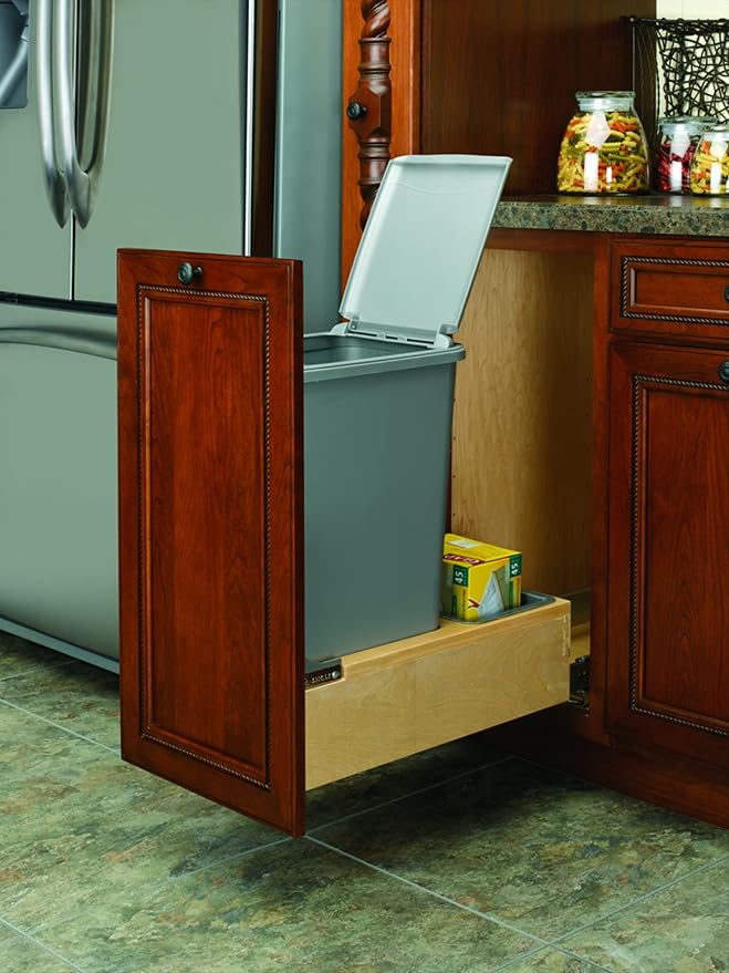 Rev-A-Shelf Pullout Under Counter Trash Can, 50 Qt 12.5 Gal Garbage Container with Soft-Close and Soft-Open Slides, Silver, 4WCBM-1550DM-1