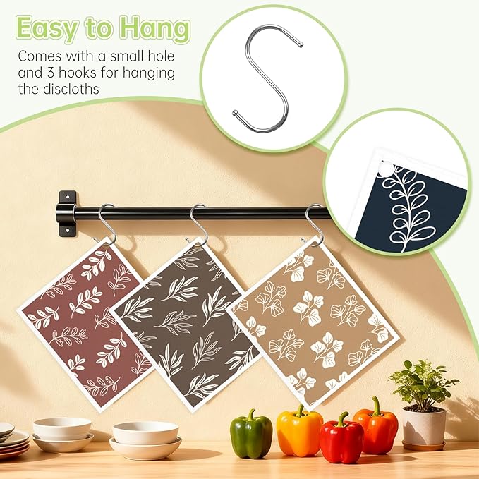 Swedish Dishcloths for Kitchen, 5 Pack Leaf Reusable Paper Towels with 3 Hooks, Washable Dish Cloth Set, Absorbent Cleaning Cloths for Home Washing Dishes Housewarming Gifts for Friend