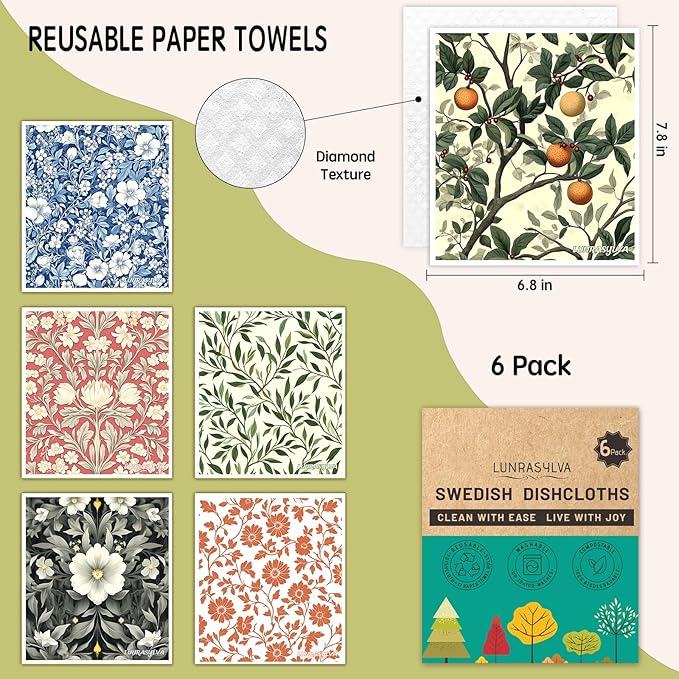Swedish Dishcloths for Kitchen 6 Pack, Reusable Paper Towels Super Absorbent, Biodegradable Quick Drying Washable Dish Cloths Dishwasher Safe, Perfect as Hostess or Housewarming Gifts (Plants)