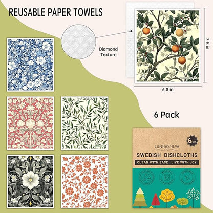 Swedish Dishcloths for Kitchen 6 Pack, Reusable Paper Towels Super Absorbent, Biodegradable Quick Drying Washable Dish Cloths Dishwasher Safe, Perfect as Hostess or Housewarming Gifts (Plants)