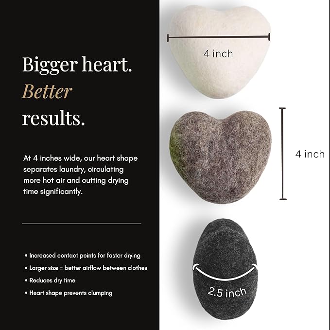 Big Heart Reusable Handmade Wool Dryer Balls for Laundry 6 - Pack XL, Wool Balls Replaces Dryer Sheets and Shorten Drying Time