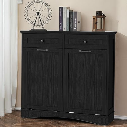 AHB Double Tilt Out Trash Can Cabinet Freestanding Kitchen Trash Can, 2x13 Gallons Hidden Garbage Recycling Cabinet with Hideaway Drawers Pet Proof Trash Can Holder for Kitchen, Black