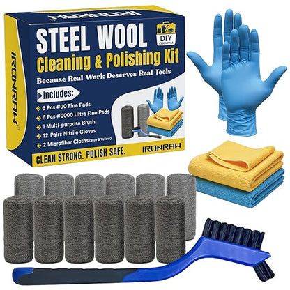 Steel Wool Cleaning & Polishing Kit, 6Pcs 00 & 6Pcs 0000 Steel Wool Pads with Brush, 2 Microfiber Cloths & 12 Pairs Nitrile Gloves, 0000 Steelwool for Wood, Metal, Cookware, Grill & Tools
