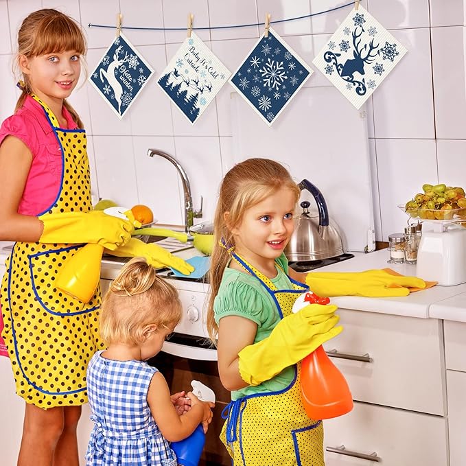 Cunhill 6 Pcs Swedish Kitchen Dish Cloths Kitchen Towels Reusable Sponge Cleaning Cloths Wipes Absorbent Dish Cloth Quick Drying Washable Decorative Tea Towels No Odor Bar Hand Towel (Blue Christmas)
