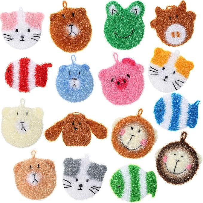 Mifoci 16 Pcs Animal Dish Scrubber Non Scratch Scrubbies for Dishes Double Layered Dish Washing Sponge Reusable Kitchen Scrubbers for Dishwashing, Cleaning Dishes, Cookware Tubs Sinks Bathroom