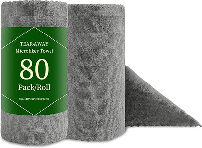 80 Pack Microfiber Cleaning Cloth Roll Reusable Paper Towels 12"x12" Tear Away Cloth, Microfiber Towels for Cars, Wash Cloths, Lint Free Dark Grey Rags for House, Kitchen,Window,Cleaning Supplies