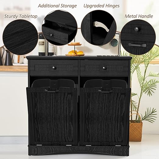 AHB Double Tilt Out Trash Can Cabinet Freestanding Kitchen Trash Can, 2x13 Gallons Hidden Garbage Recycling Cabinet with Hideaway Drawers Pet Proof Trash Can Holder for Kitchen, Black