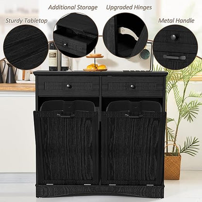 AHB Double Tilt Out Trash Can Cabinet Freestanding Kitchen Trash Can, 2x13 Gallons Hidden Garbage Recycling Cabinet with Hideaway Drawers Pet Proof Trash Can Holder for Kitchen, Black