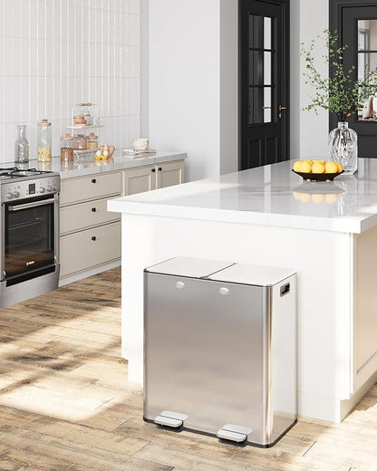 Large Stainless Steel Dual Compartment Recycling Trash Can 60 l/16 Gal Kitchen Trash Can Recycle Bins with Lid Waste Bin with Removable Buckets, Bathroom,Kitchen Garbage Can