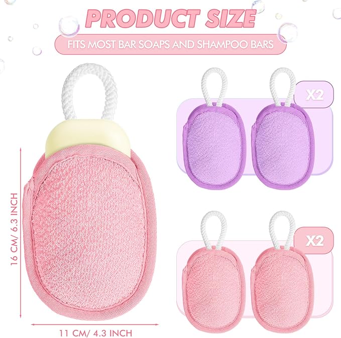 Sunnyray 4 Pcs Bath Body Exfoliating Soap Saver, Exfoliator Scrubber Pouch, Bath Loofah Sponge Body Scrubber Shower Sponge Exfoliating Mesh Pouf for Women and Men Bathing (Pink,Purple)