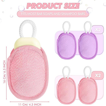 Sunnyray 4 Pcs Bath Body Exfoliating Soap Saver, Exfoliator Scrubber Pouch, Bath Loofah Sponge Body Scrubber Shower Sponge Exfoliating Mesh Pouf for Women and Men Bathing (Pink,Purple)