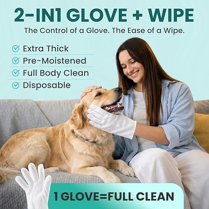 Hypoallergenic Pet Glove Wipes for Dogs & Cats - 7 Individually Wrapped Disposable No-Rinse Grooming Mitts | Lick-Safe Waterless Cleaning Gloves for Paws, Butt, Face & Fur | Deodorizing & Soft