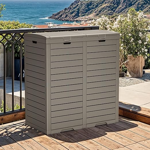 YITAHOME Outdoor Resin-Based Dual Compartment Trash Bins, 76 Gallon Capacity, Easy-to-Clean Hideaway Garbage Cans with Lid and Drip Tray (Light Brown)