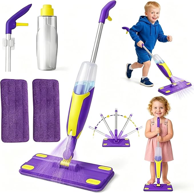 Kids Spray Mop Toddler Cleaning Set with Realistic Spray Bottle, 2 Washable Pads and Scraper, Pretend Play Housekeeping Toy for Boys Girls Age 1-3