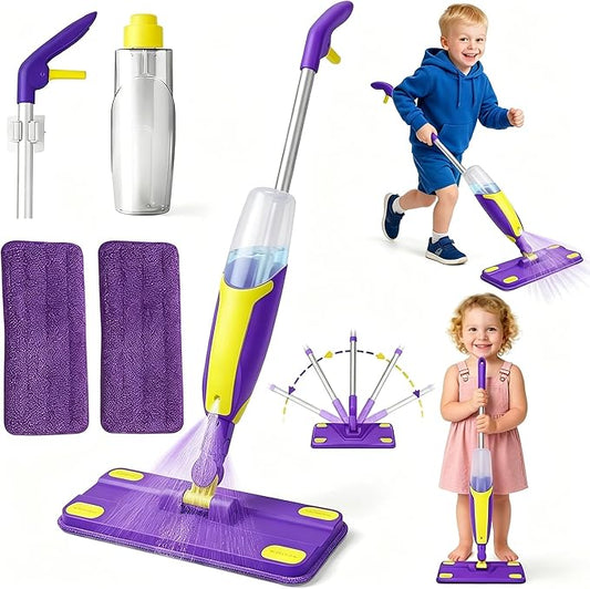 Kids Spray Mop Toddler Cleaning Set with Realistic Spray Bottle, 2 Washable Pads and Scraper, Pretend Play Housekeeping Toy for Boys Girls Age 1-3
