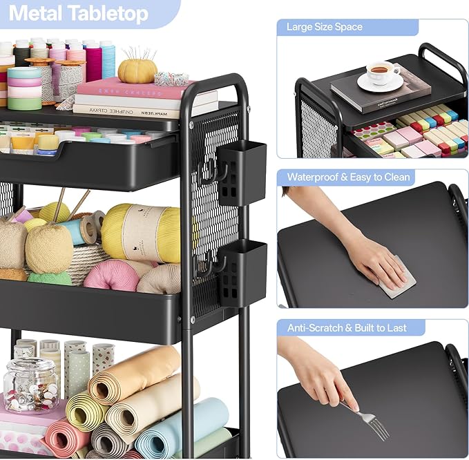 3 Tier Metal Rolling Utility Cart with Drawer & Pegboard - Multifunctional Storage Cart on Wheels with Tabletop, Hooks & Basket, Sturdy Craft & Art Cart for Bathroom, Bedroom, Children Room, Black
