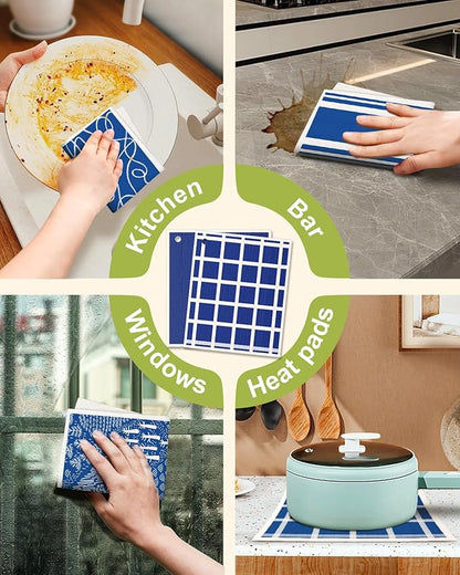 Miss Adola 8 Pack Reusable Kitchen Swedish Dishcloths for Washing Dishes Cloths Absorbent Fast Drying Cleaning Sponge Cute Decorate Washable Swedish Towels, Blue Line