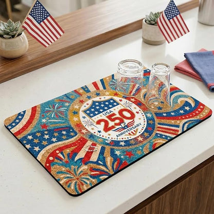 250th Anniversary USA Patriotic Dish Drying Mat 12x20 Absorbent Non-Slip Kitchen Bar Mat, Bold Eagle American Flag Stars Fireworks Freedom Decor for Memorial Day, 4th of July & USA 250 Celebration