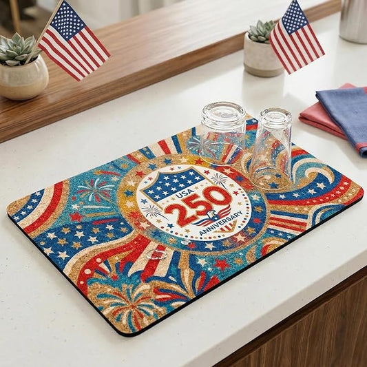 250th Anniversary USA Patriotic Dish Drying Mat 12x20 Absorbent Non-Slip Kitchen Bar Mat, Bold Eagle American Flag Stars Fireworks Freedom Decor for Memorial Day, 4th of July & USA 250 Celebration