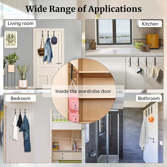 Over The Door Hooks 6 Pack,Door Hooks for Hanging Towels,Clothes,Hats,Bags,Back of Door Towel Hanger with Non-Slip Pads,Fits Doors 0.7-1.5" for Bathroom,Bedroom,Closet(Black)