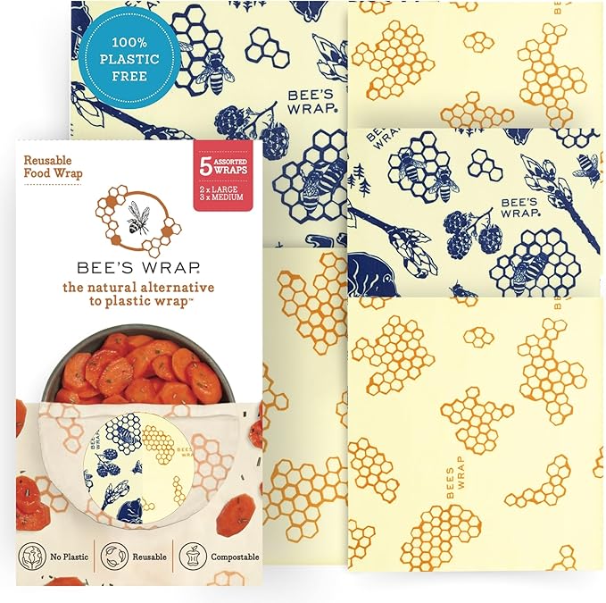Bee's Wrap Beeswax Wraps for Food - Assorted 5 Pack of Beeswax Wraps - 2 Large & 3 Medium Wrap - Plastic Free Made in USA Reusable Natural Food Wrap - Honeycomb & Bees + Bears