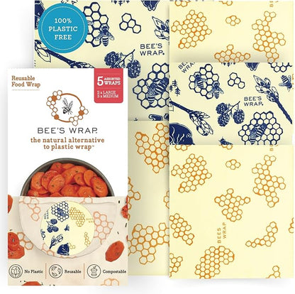 Bee's Wrap Beeswax Wraps for Food - Assorted 5 Pack of Beeswax Wraps - 2 Large & 3 Medium Wrap - Plastic Free Made in USA Reusable Natural Food Wrap - Honeycomb & Bees + Bears