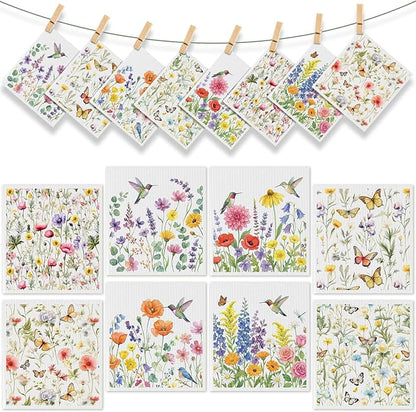 Tegeme 8 Pcs Wildflowers Swedish Dishcloth Kitchen Spring Hummingbird Butterfly Flower Dish Towel Absorbent Cotton Reusable Kitchen Towels for Summer Home Party Housewarming Counter Wipes, 6.8 x 7.7''