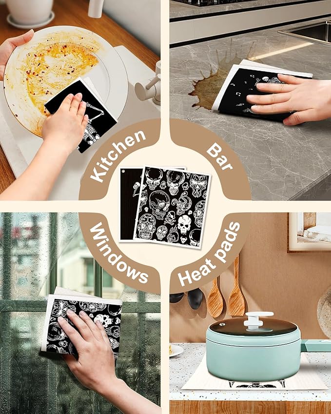 Miss Adola Swedish Dishcloths for Kitchen with Hooks - Reusable Dish Cloths for Washing Dishes Fast Drying Cute Fun 5 Pack Swedish Dish Towels Washable Cleaning Sponge, Dancing Skeleton