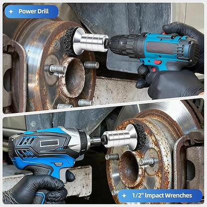 BURMONG Wheel Hub Cleaning Tool with Dual-Head Adapter, Brake Hub Cleaning Kit Includes 13 Pads for Rust Removal & Polishing, Wheel Stud Cleaner Compatible with Power Drill & 1/2" Impact Wrenches (13)