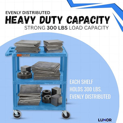 Luxor HE34-BU Utility Cart - 3 Shelves Structural Foam Plastic, Four 4" Casters, Two with Locking Brake, Ergonomic Push Handle, 24"W x 18"D x 34"H, Offices, Classrooms