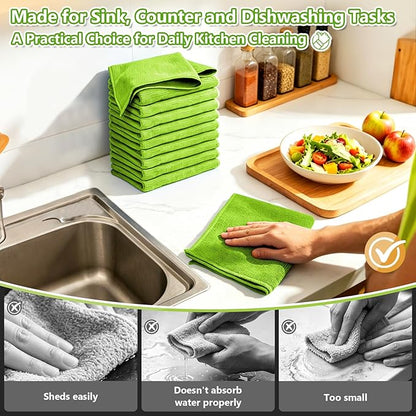 Kitchen Dish Cloths, 12 Pack, 10 x 10 Inches, Absorbent Coral Velvet Dish Towels, Soft Lint Free Reusable Dish Cloths for Dishes, Sink and Countertop, Green