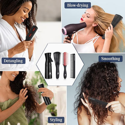 BRUSHZOO Detangler Brush with Hair Spray bottle 9 Row Brush Wide Tooth comb, Hair Brushes for Women men and Kids Curly Natural 3/4abc Hair (Red)