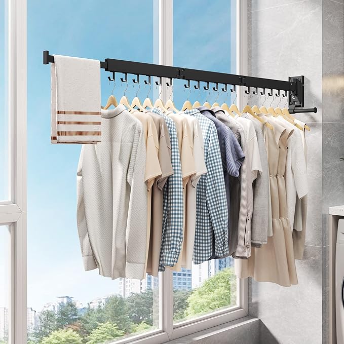 LIENAHU Clothes Drying Rack Wall Mounted(can fold Upward),Laundry Drying Rack,Laundry Room Organization,Wall Mounted Laundry Rack Folding,Retractable Clothing Rack,Collapsible Clothes Hanging Rack