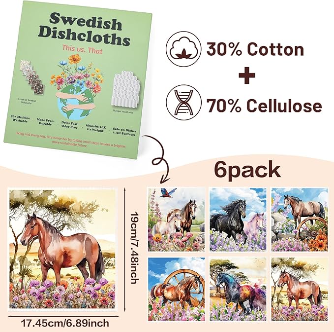 Horses Swedish Dishcloths for Kitchen, 6 Pack Farmhouse Absorbent Dish Cloths for Washing Dishes, Reusable Washable Paper Towels Cloth for Kitchen Countertop Sink Fast Drying Sponge Cloths