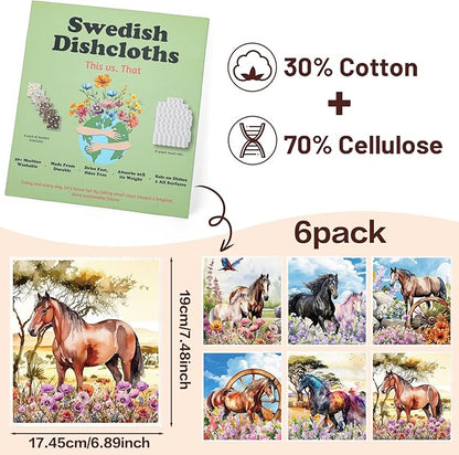 Horses Swedish Dishcloths for Kitchen, 6 Pack Farmhouse Absorbent Dish Cloths for Washing Dishes, Reusable Washable Paper Towels Cloth for Kitchen Countertop Sink Fast Drying Sponge Cloths