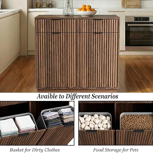 20 Gallon Double Tilt Out Trash Can Cabinet,Fluted Tilt Out Laundry Hamper Cabinet,Suitable for Kitchens, Laundry Rooms and Living Rooms Walnut Brown