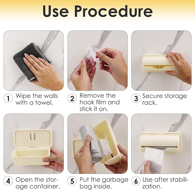 2 Pack Wall Mounted Trash Bag Dispenser, Small Plastic Garbage Bag Holder Organizer, Adhesive No Drill Storage Box for Kitchen Cabinet, Under Sink, Bathroom (Beige)