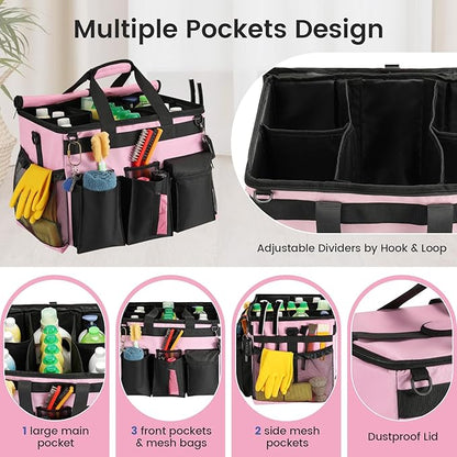 Housolution Extra Large Rolling Cleaning Caddy Bag with Detachable Trolley, Upgraded 360° Free Rotating with 5 Wheels and Dust-Proof Lid, Professional Cleaning Supplies Bag for Housekeepers, Pink