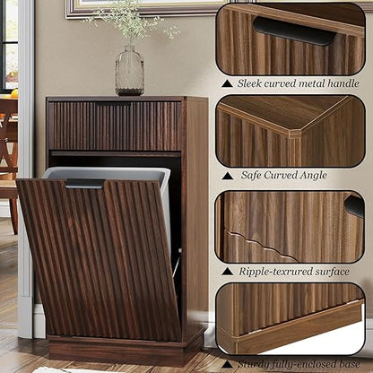 10 Gallon Tilt Out Trash Can Cabinet,Fluted Tilt Out Laundry Hamper Cabinet with Drawer,Wooden Trash can for Kitchen and Living Rooms