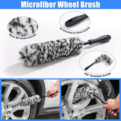 Car Detailing Kit, Car Detailing Brush Set with Wash Mop, Bendable Car Wheel Rim Cleaner Brush Set, Car Detailing Brushes, Car Wash Cleaning Tools Kit for Interior, Exterior, Wheels, Blue