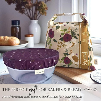 Nectar & Nest Bread Baker Set, Reusable Beeswax Bread Bags for Homemade Bread, Sourdough Bag, Organic Cotton Beeswax Bowl Cover, Limited-Edition Artist Series (December Blooms by Mackenzie Nelson Art)